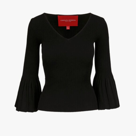 Carolina Herrera Black Bell Sleeve Rib Knit Top -Black - Size Large - Picture 1 of 5